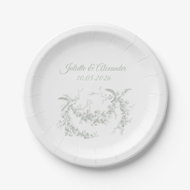 Sage Gray Toile de Jouy Wedding Paper Plates Pappteller (Vorderseite)