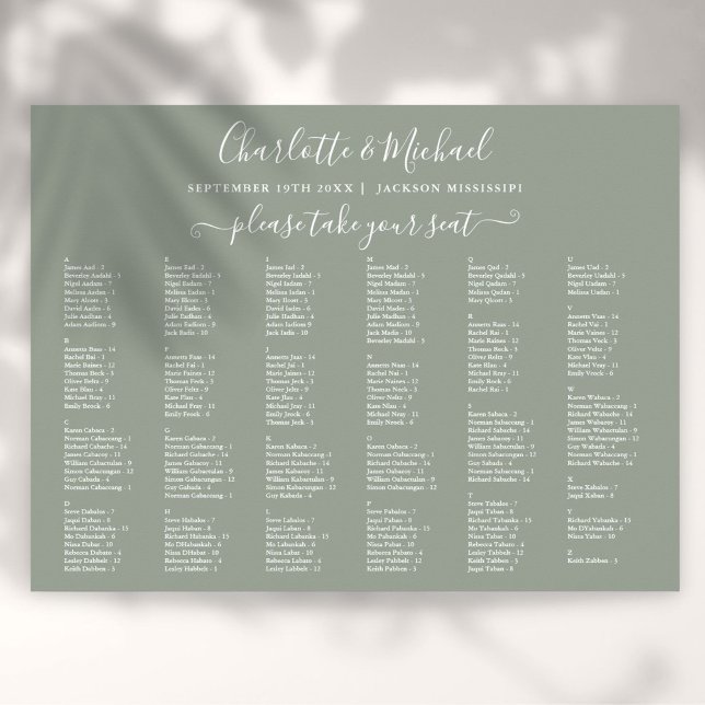 Sage Green 200 Names Wedding Seating Chart Poster (Sage Green 200 Names Wedding Seating Chart)