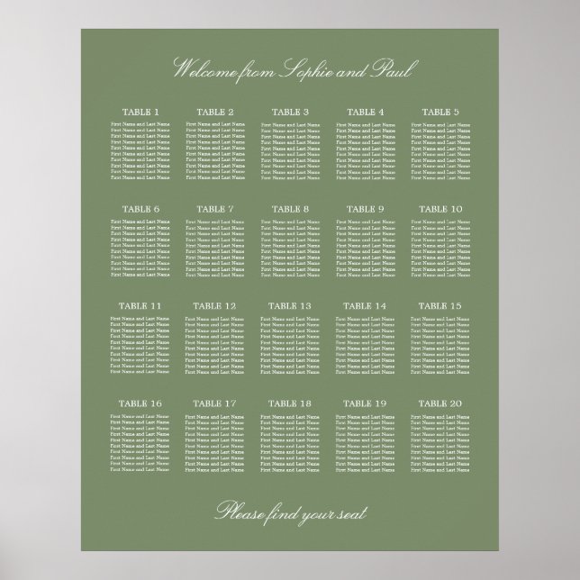 Sage Green 20 Table Wedding Seating Chart Poster (Vorne)