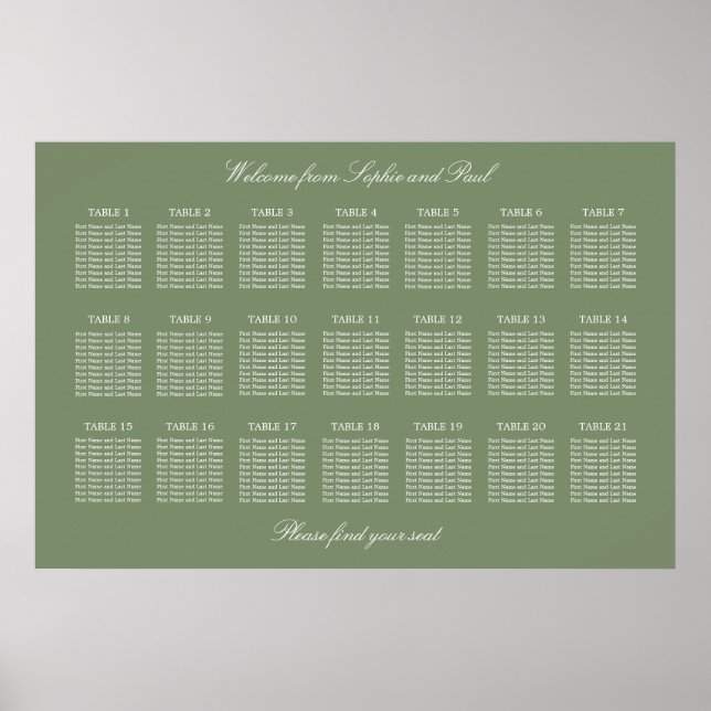 Sage Green 21 Table Wedding Seating Chart Poster (Vorne)