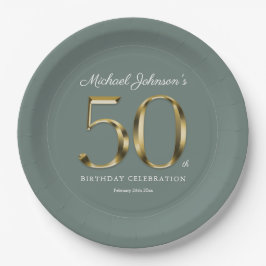 Sage Green 50. Geburtstag Solid Gold Typografie Pappteller