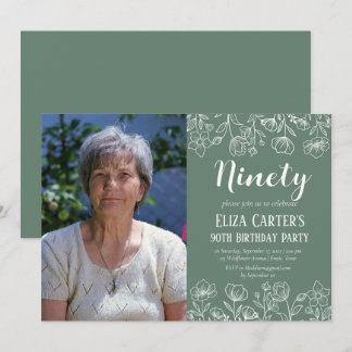 Sage Green 90. 90. Floral Elegant Geburtstag Einladung