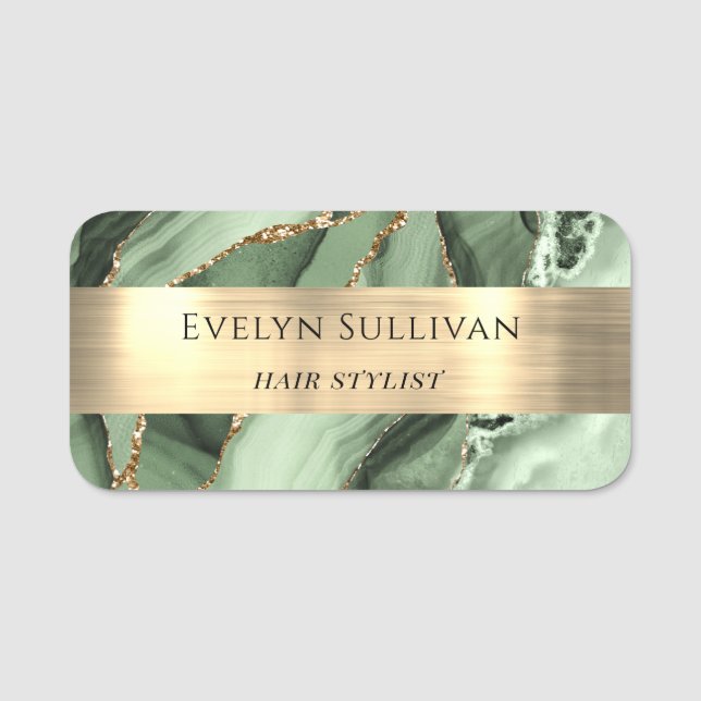 Sage Green Agate Gold Foil Name Tag Namensschild (Vorderseite)