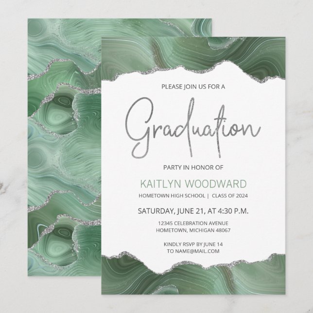 Sage Green Agate Silver Graduation Party Einladung (Vorne/Hinten)