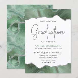 Sage Green Agate Silver Graduation Party Einladung