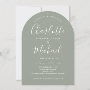 Sage Green All in one Chic Script Arch Wedding Einladung