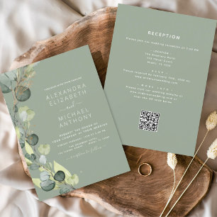 Sage Green All in One Eukalyptus QR Code Wedding Einladung