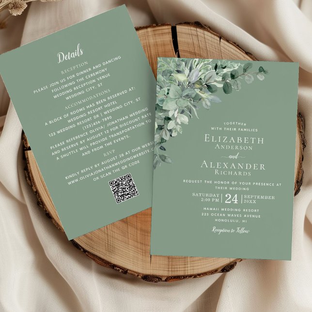 Sage Green All in One Eukalyptus QR Code Wedding Einladung (Von Creator hochgeladen)