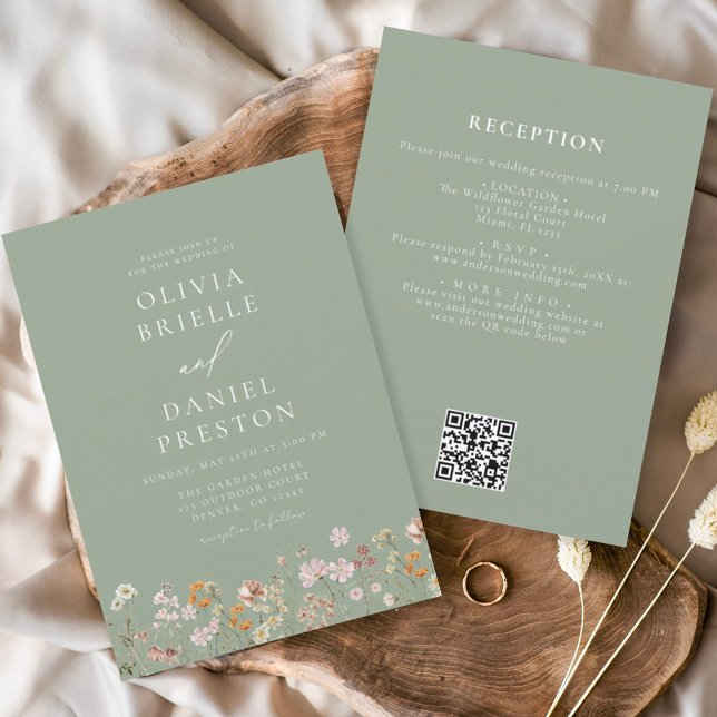 Sage Green All in One Wildblume QR Code Wedding Einladung (Von Creator hochgeladen)
