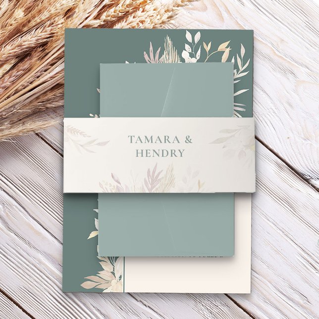 Sage Green Almond Wedding Delicate Foliage Einladungsbanderole (Ivory Sage Green Elegant Wedding Invitation Belly Bands - Foliage Duet wedding collection)