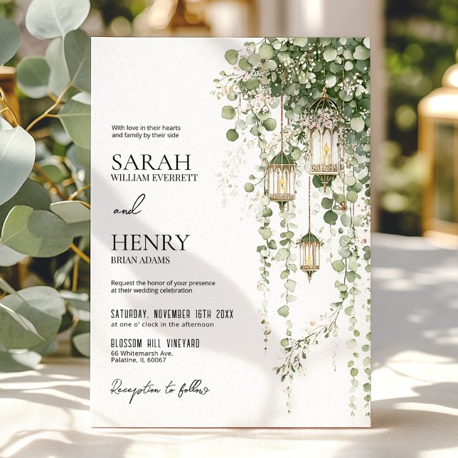 Sage Green and Blush Eucalyptus Lantern Wedding Einladung (Von Creator hochgeladen)