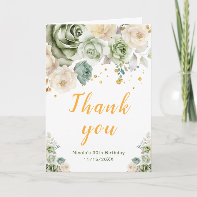 Sage Green and Cream Floral Birthday Party Dankeskarte (Vorderseite)