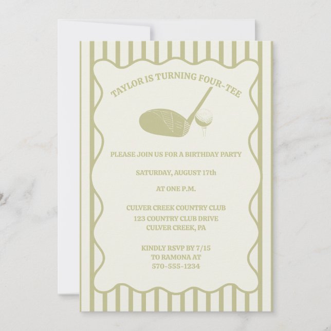 Sage Green and Cream Stripes Golf Themed Party Einladung (Vorderseite)