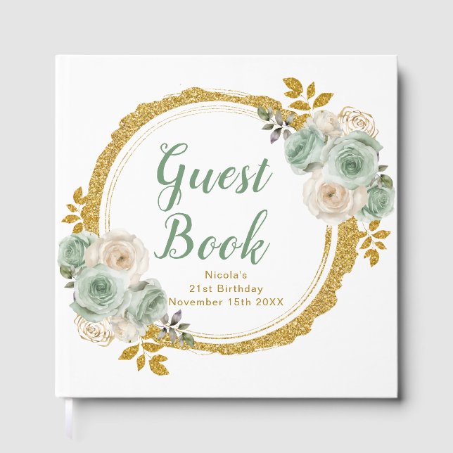 Sage Green and Gold Elegant Flowers Birthday Party Gästebuch (Vorderseite)