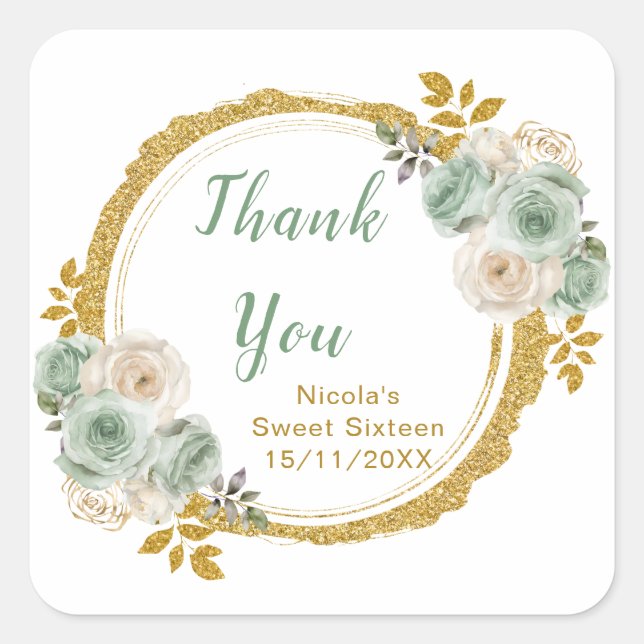 Sage Green and Gold Elegant Flowers Birthday Party Quadratischer Aufkleber (Vorderseite)