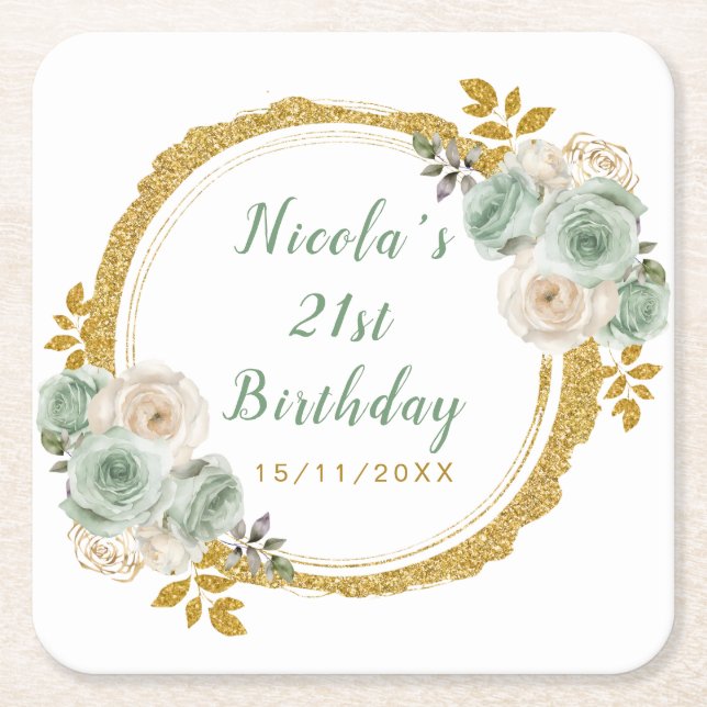 Sage Green and Gold Elegant Flowers Birthday Party Rechteckiger Pappuntersetzer (Vorderseite)
