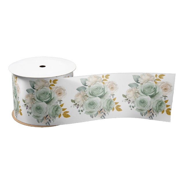Sage Green and Gold Elegant Flowers Satinband (Spule)