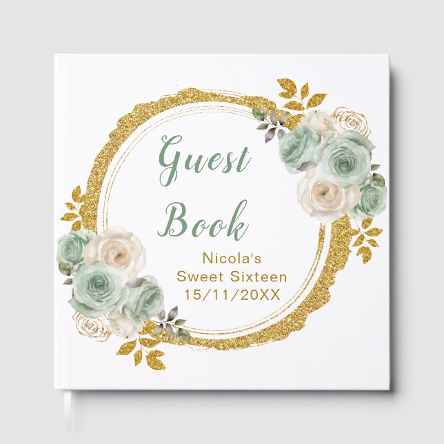 Sage Green and Gold Elegant Flowers Sweet Sixteen Gästebuch (Vorderseite)