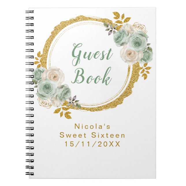 Sage Green and Gold Elegant Flowers Sweet Sixteen Notizblock (Vorderseite)