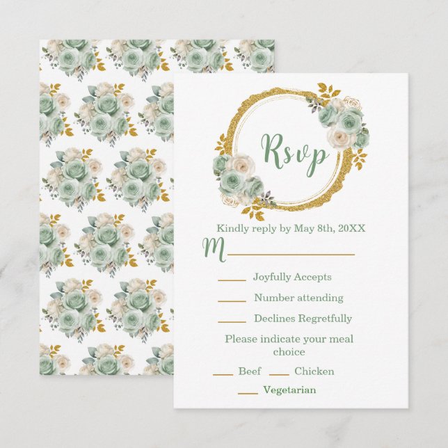 Sage Green and Gold Elegant Flowers Sweet Sixteen RSVP Karte (Vorne/Hinten)