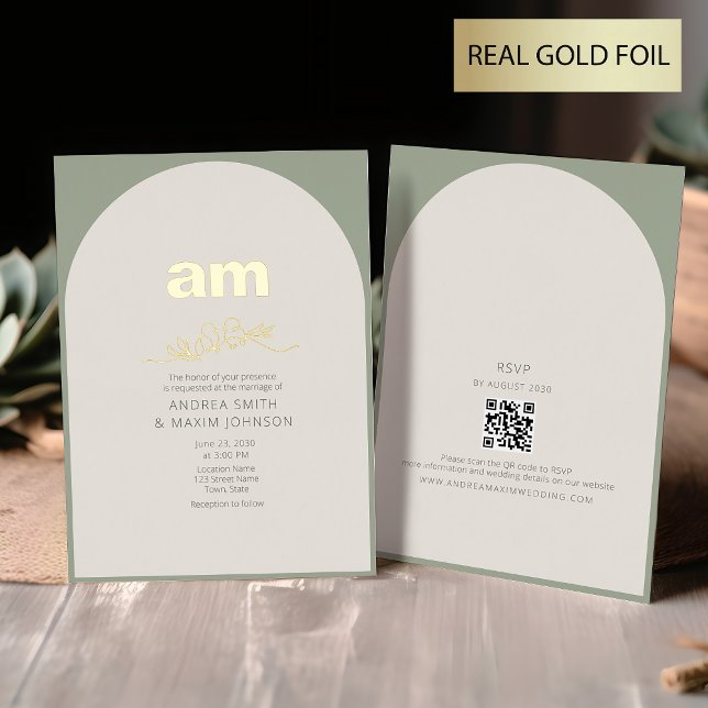 Sage Green and Gold Wedding Folieneinladung (Von Creator hochgeladen)