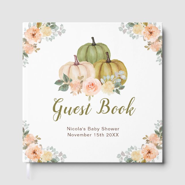 Sage Green and Peach Floral Pumpkins Baby Shower Gästebuch (Vorderseite)