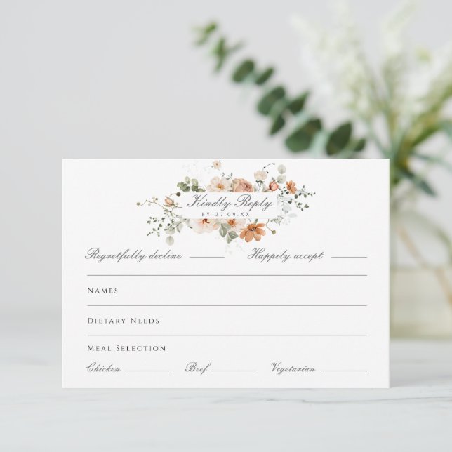 Sage Green and Peach Garden Wedding Meal Choice RSVP Karte (Stehend Vorderseite)