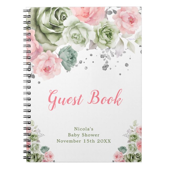 Sage Green and Pink Floral Baby Shower Guest Book Notizblock (Vorderseite)