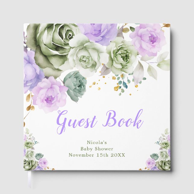 Sage Green and Purple Floral Baby Shower Gästebuch (Vorderseite)