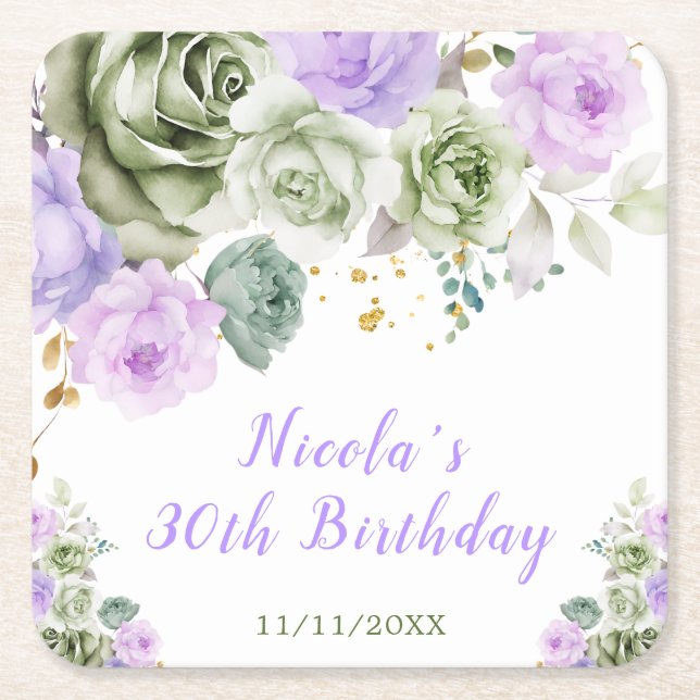 Sage Green and Purple Floral Birthday Party Rechteckiger Pappuntersetzer (Vorderseite)