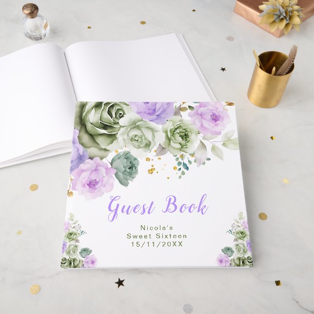Sage Green and Purple Floral Sweet Sixteen Gästebuch (Vorderseite offen)
