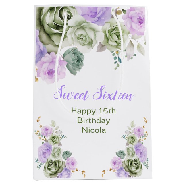 Sage Green and Purple Floral Sweet Sixteen Mittlere Geschenktüte (Vorderseite)