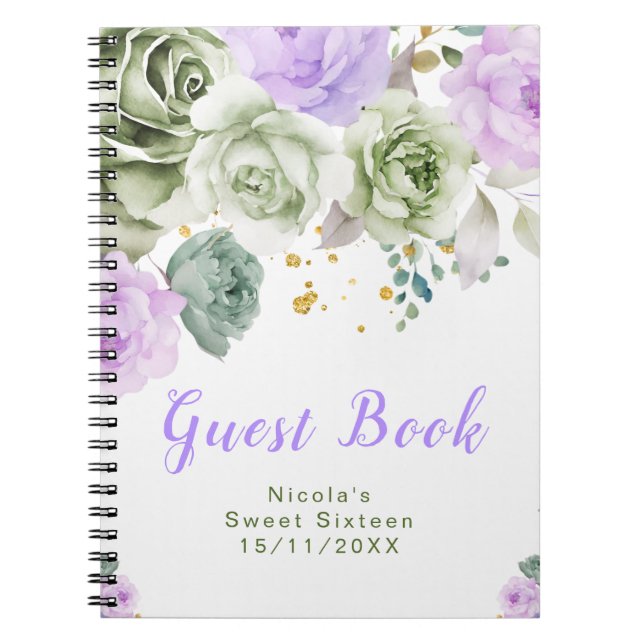 Sage Green and Purple Floral Sweet Sixteen Notizblock (Vorderseite)
