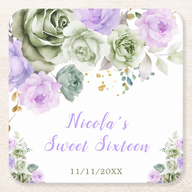 Sage Green and Purple Floral Sweet Sixteen Rechteckiger Pappuntersetzer (Vorderseite)