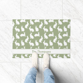 Sage Green And White Bunnies With Name Easter Fußmatte