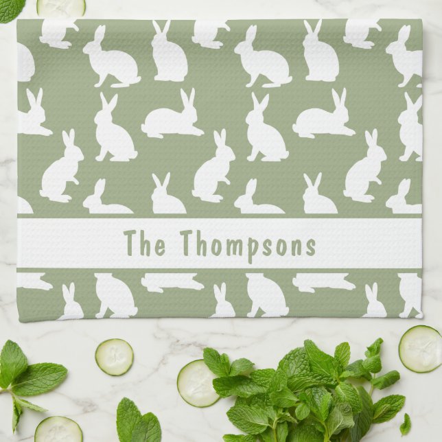 Sage Green And White Bunny Pattern And Name Easter Geschirrtuch (Gefaltet)