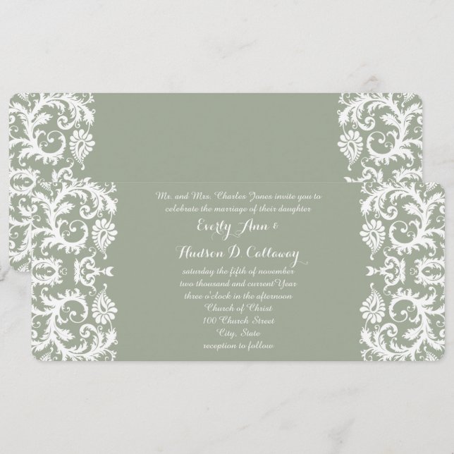 Sage Green and White Damask Wedding Einladung (Vorne/Hinten)
