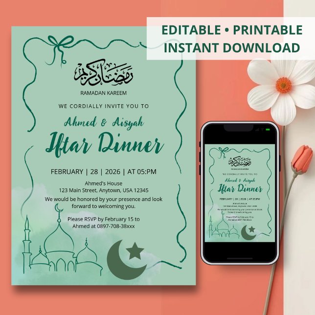 Sage Green Aquarell-Moschee-Iftar-Abendessen Einladung (Von Creator hochgeladen)