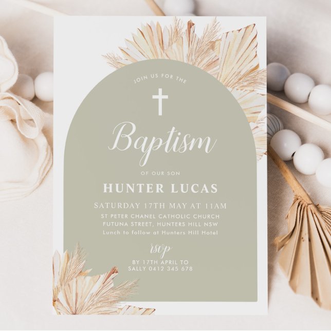 Sage Green Arch Boho Floral Boys Taufe Einladung (Sage Green Boho Baptism Invitation)