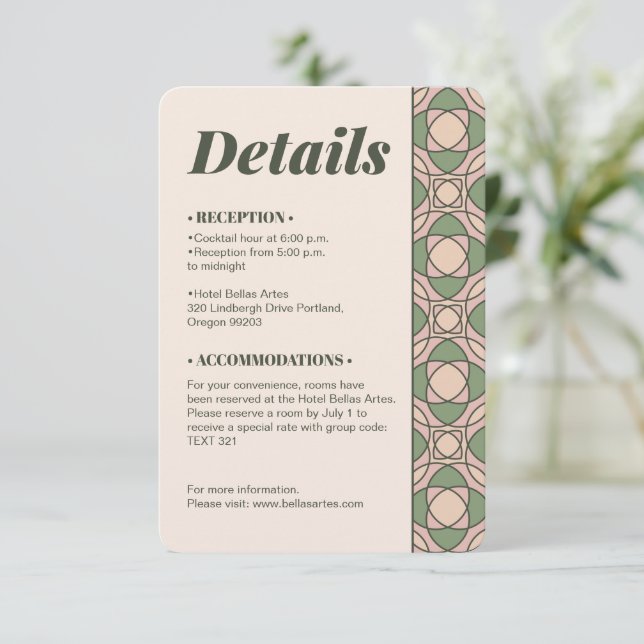 Sage Green Art Deco Wedding Details QR Code Card Begleitkarte (Stehend Vorderseite)