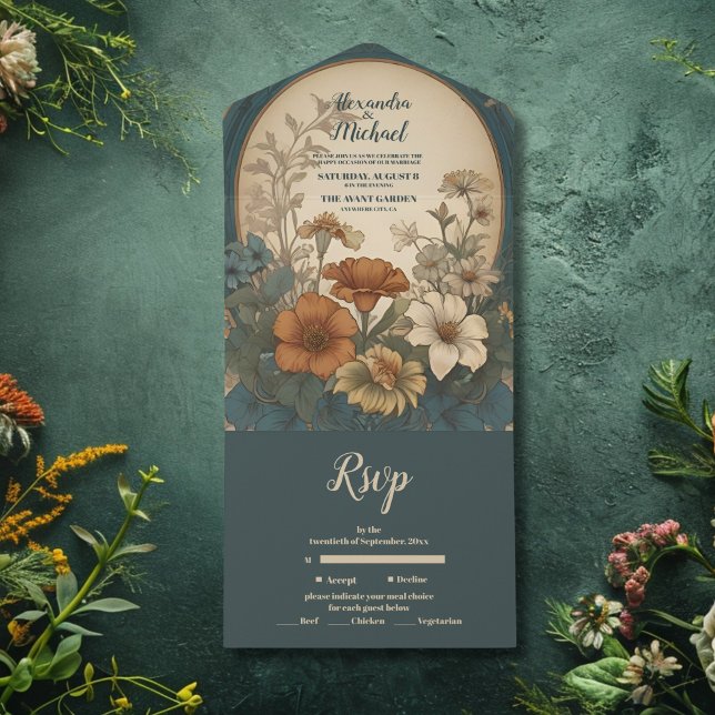 Sage Green Art Nouveau Alphonse Mucha Wedding All In One Einladung (Von Creator hochgeladen)