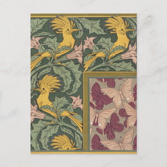 Sage Green Art Nouveau Hoopoe Butterfly Art Postkarte (Vorderseite)