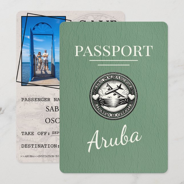 Sage Green Aruba Reisepass Save The Date (Vorne/Hinten)