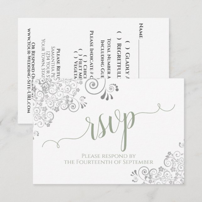 Sage Green auf White Elegant Calligraphy Wedding RSVP Karte (Vorne/Hinten)