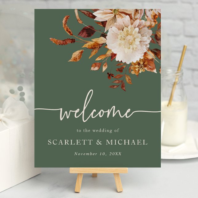 Sage Green Autumn Welcome Poster (Elegant Sage Green Autumn Floral Welcome Sign Poster by Painted Paperie
)