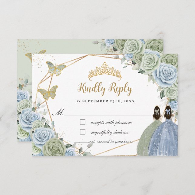 Sage Green Baby Blue Floral Twins Gold Quinceañera RSVP Karte (Vorne/Hinten)