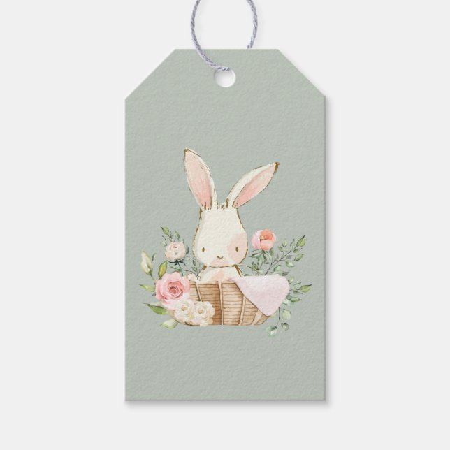 Sage Green Baby Bunny Baby Dusche Geschenkanhänger (Vorderseite)