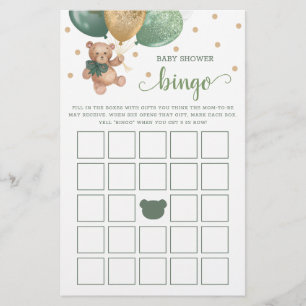 Sage Green Baby Dusche Bingo Game Teddy Bear