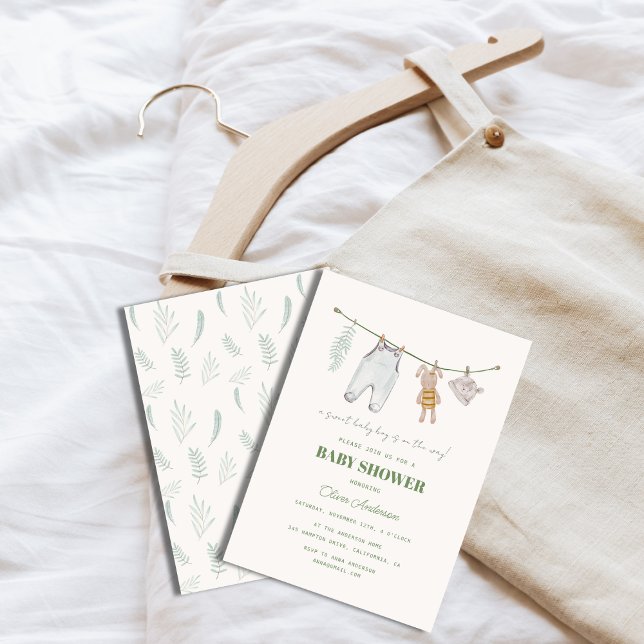 Sage Green Baby Dusche Boho Boy Kleidung Einladung (Sage Green Baby Shower Boho Boy Clothes Invitation)