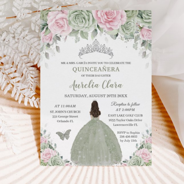 Sage Green Baby Pink Floral Silver Quinceañera Einladung (Von Creator hochgeladen)